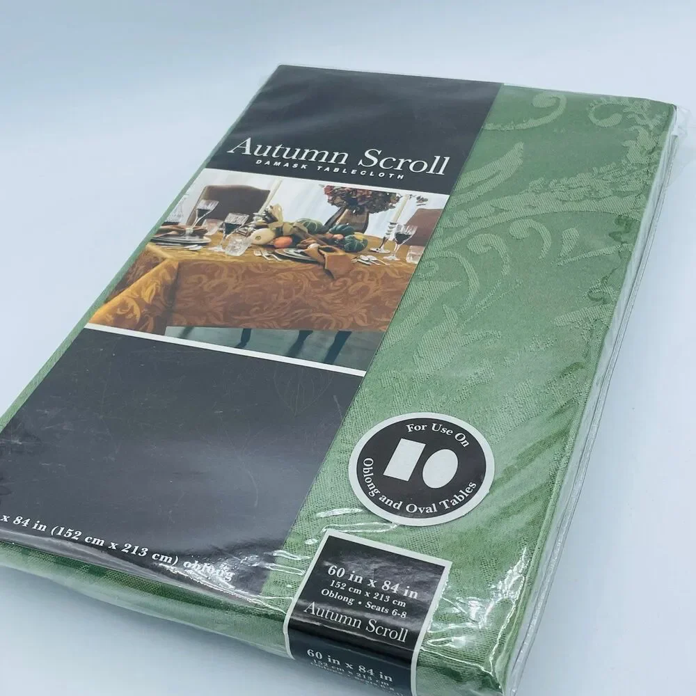 Fall Style Autumn Scroll Fern Green Damask Oblong Oval Tablecloth NEW 60” x84”